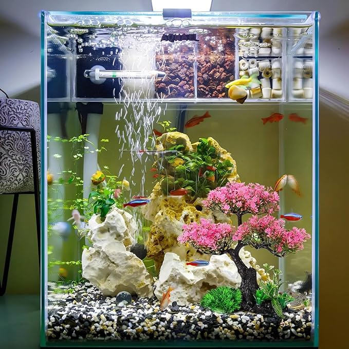 Aquarium Artificial Plants Decor, Cherry Blossom Tree with Grass Set, Pink Plastic, 9.44x3.54x2.75 Inches, for Nature Underwater Landscape (Green)