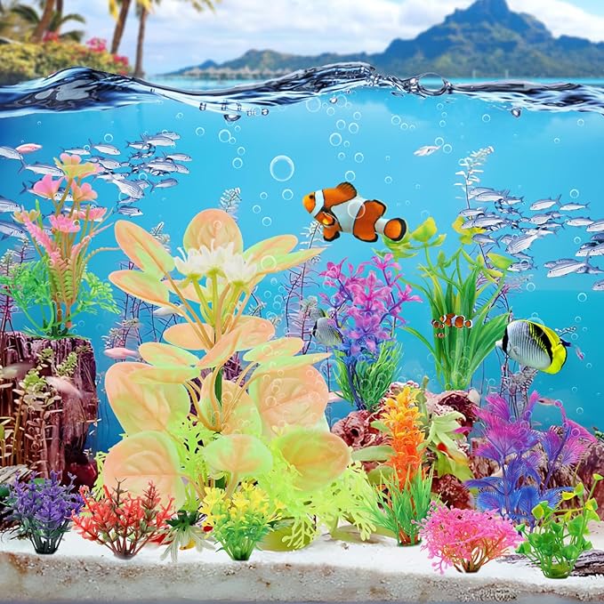 QUOZUO Fish Tank Accessories Aquarium Decorations Plastic Plants, 11cs Small Goldfish Turtle Tank Decorations Artificial Plants, Aquarium Decor Colorful Grass Plant