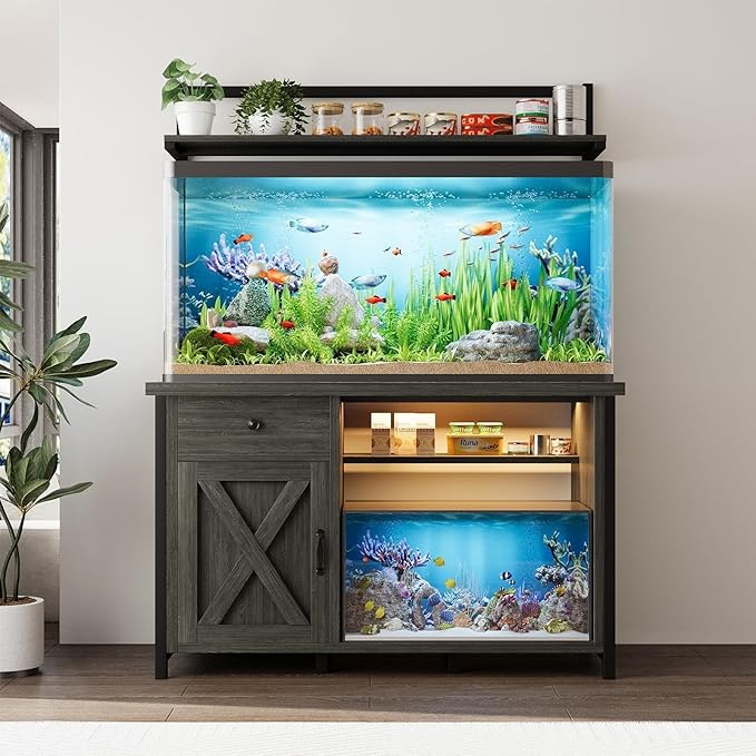 55-75 Gallon Fish Tank Stand with Power Outlet, Led Light, Aquarium Stand with Cabinet for Fish Tank Accessories Storage, Shelf, for Turtle Tank, Reptile Terrarium, 1100 LBS, Gray