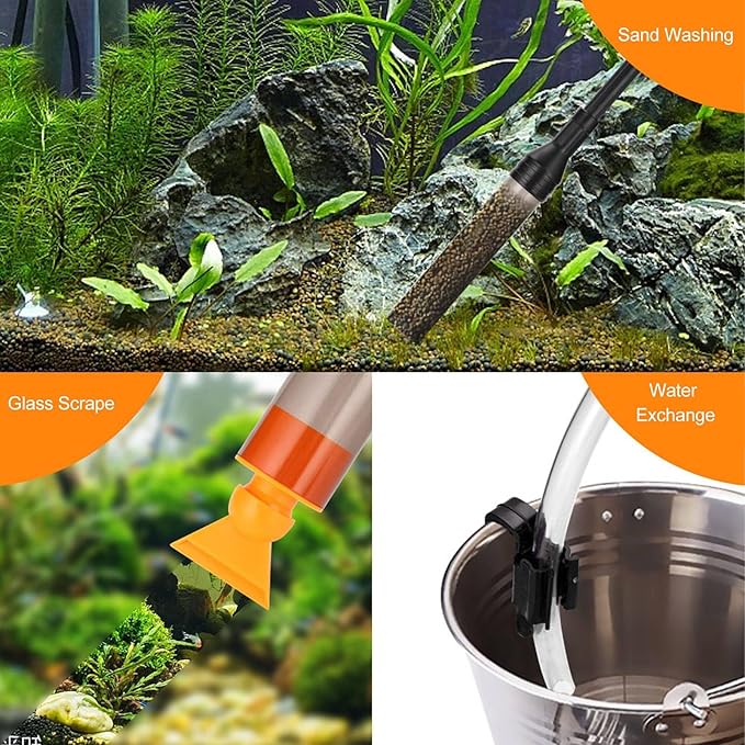 Asixxsix Aquarium Vacuum Gravel Cleaner Kit, 110GPH 3 in 1 Multifunctional Fish Vacuum Cleaning Tools Manual Siphon Vacuum Cleaner Kit for Sand Washing Dirt Removal Water Change
