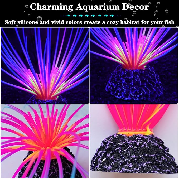 Silicone Glowing Effect Fish Tank Decorations for Aquarium, Artificial Soft Anemone Coral Plants Ornaments for Aquarium Decor Landscape, Glow in Dark Fish Tank Accessories Decorations(Rainbow)
