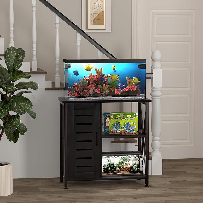 Herture 20-29 Gallon Fish Tank Stand, Aquarium Stand with Cabinet Accessories Storage, Heavy Duty Metal Frame, 31.49" L*15.74" W Tabletop, 330LBS Capacity, Black PG07YGB