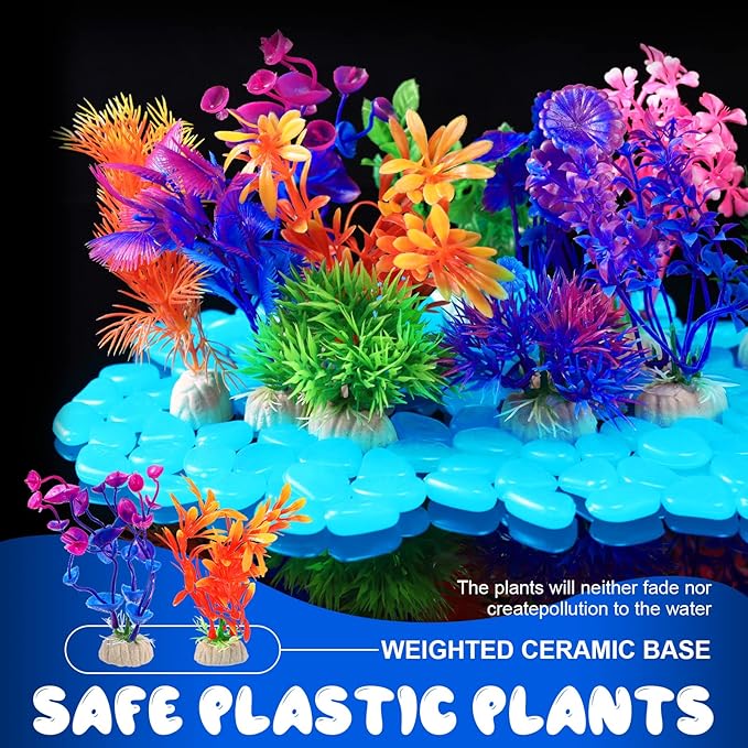 Jexine 100 Pcs Fish Tank Rocks Glow Blue, Fish Tank Stones Accessories Gravel with 10 Pack Artificial Aquatic Plants Coral Reef Decorations for Aquariums