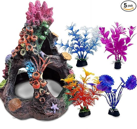 PINVNBY 5 PCS Colorful Coral Small Fish Tank Decorations, Resin Mountain Ornament and Artificial Aquarium Plants for Goldfish Betta Fish Tank Cave Hideout Sleep Rest Play Breed