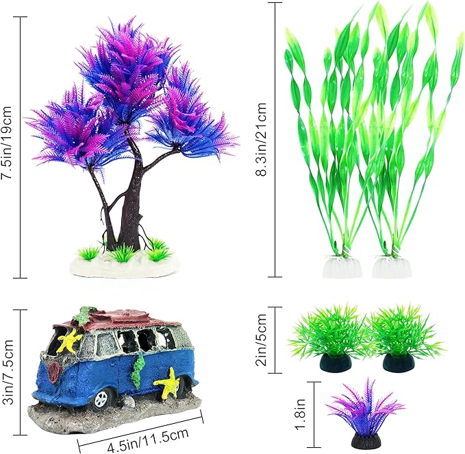6PCS Fish Tank Aquarium Decorations Plastic Plants with Resin Cave Rock for Fish Hideout (Purple Set)