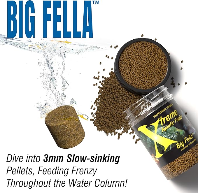 Xtreme Big Fella 3.0mm Pellets: Professional Nutrition for Medium to Large Cichlid/Community Fish - Boost Immune & Digestive Health, Color & Energy, Max Protein Fish Food – USA Farm Grown (9oz)