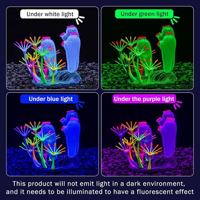Dynamic Glow in The Dark Aquarium Decorations: Unleashing Visual Effects with Soft Silica Gel, Changing Lights, and Colorful Glowing Coral Ornaments (Blue, Seaweed Moon)
