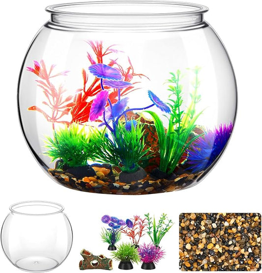 1 Gallon Plastic Betta Fish Bowl with 6 Pcs Artificial Plastic Plants and 500g Decorative Gravel, Betta Fish Tank and Decoration Accessories Small Large Bowl Ornaments Starter Kit