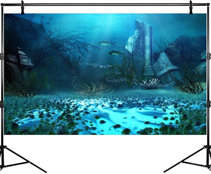 Underwater World Aquarium Background Ocean Temple Aquatic Grass Fish Tank Background Deep Blue Sea Tropical Marine Life Terrarium Backgrounds Ruined Building Seascape Backgrounds 36x20in