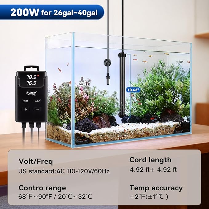 hygger Aquarium Heater,Submersible Fish Tank Heater with External Digital Display, Including Overheat & Leakage Protection and Temperature Sensor for Freshwater and Saltwater (200W for 26gal~40gal)