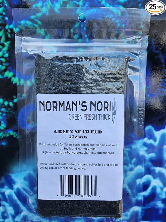 Green Seaweed Sheets 25 Package of 4” x 7.5” Nori Seaweed Sheets, for All Algae Eating Fish, 100% Natural, Nutrient-Dense, Super Thick 35g