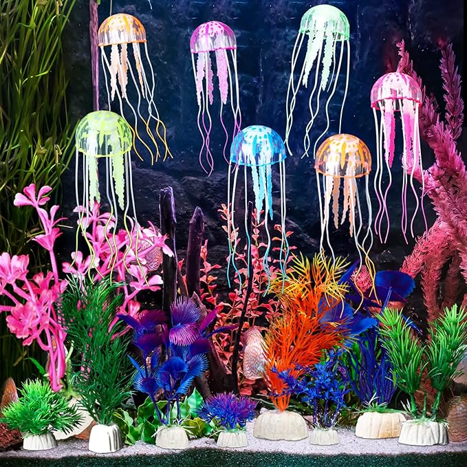 Yinder 17 Pcs Fish Tank Decorations, Include 11 Aquatic Plants and 6 Artificial Jellyfish, Colorful Fish Tank Plastic Plants Accessories for Aquarium Household and Office
