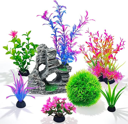 8Pcs Aquarium Decor Set, Artificial Plastic Plants and Rock Cave for Fish Tank Decorations, Goldfish Betta Fish Tank Accessories Supplies Realistic Small Large Fish Bowl Ornaments