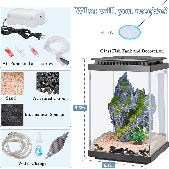 FEDOUR Small Glass Aquarium, 1 Gallon Desktop Fish Tank, Betta Fish Tank, Mini Aquarium Starter Kit with Air Pump LED Light Decoration Water Changer Fish Net (Black)