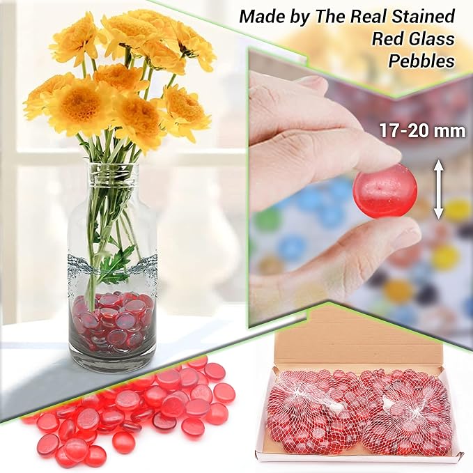 ARSUK 1LB Red Glass Pebbles for Vase Fillers, Aquarium Gravel, Decorative Stones for Crafts, Fish Tanks, Plant Pots, Wedding, Garden, Home Decor – Flat Glass Marbles (Red, 1LB)