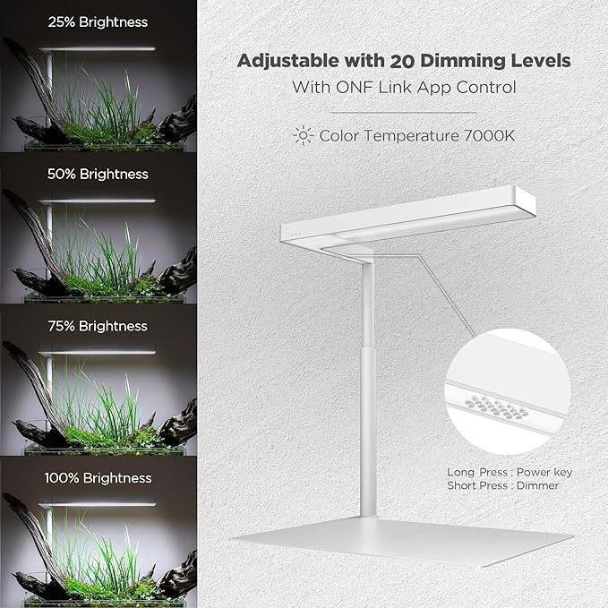 ONF Flat Nano+ 15W Full Spectrum Aquarium Light with Metal Board Base, APP Controlled, 20-Level Dimmable, IP54 Waterproof LED for 3.5-6 Gallon Rimless Fish Tanks, Terrariums & Potted Plants, White