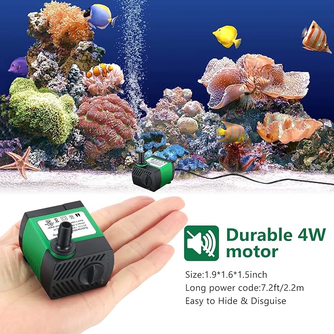 CWKJ 80GPH Submersible Water Pump, 4W 300L/H, 4.9ft Tubing (1/3-Inch ID), 3 Nozzles for Aquarium, Pond, Fish Tank, Hydroponics