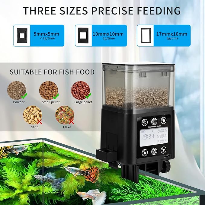 Podazz Automatic Fish Feeder for Aquarium with Timer, LCD Display 320ML Large Capacity Adjustable Fish Dispenser, Operated Feeders for Goldfish, Turtle for Vacation, Weekend or Daily Use(Black)