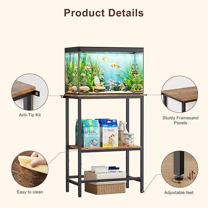 5-10 Gallon Fish Tank Stand, Aquarium Stand with 2-Tier Storage Shelves, Heavy-Duty Reptile Terrarium Stand Table with One-Piece Top for 10 Gallon Standard Model, 21.2" L x 11.8" W x 29.3" H (Brown)