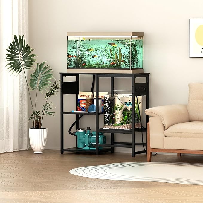 GRLEAF 5-10 Gallon Fish Tank Stand with Power Outlets, 4 Tier Metal Aquarium Stand with Wood Storage Shelves, 20.3" L x 10.6" W x 30.3" H Turtle Reptile Fish Tank Table Aquarium Table - Black
