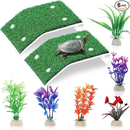 2 Pcs Turtle Basking Platform Ramp Medium Tortoise Terrace Resting Ladder Simulation Lawn and 6 Pcs Artificial Plastic Aquarium Plants Turtle Tank Accessories Decorations for Small Reptile Turtle