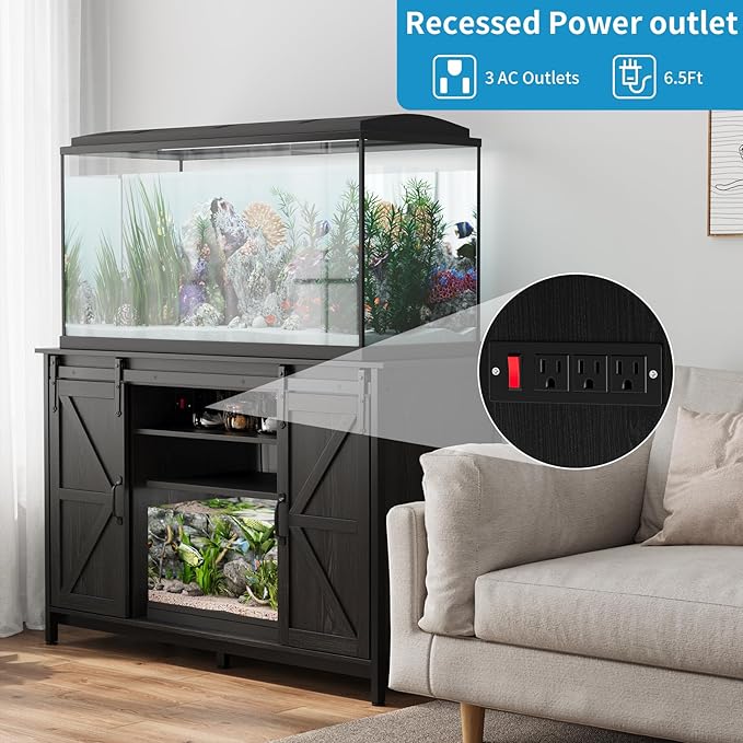 VOWNER Farmhouse 55-75 Gallon Fish Tank Stand with Power Outlet, Aquarium Stand with Storage Cabinet and Sliding Barn Door, Heavy Duty Reptile Tank Stand, for 2 Tanks, 1000LBS Capacity, Black