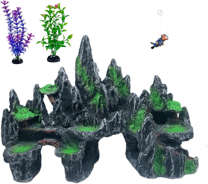 AWXZOM Extra Large Aquarium Decorations - Big Mountain View Ornaments, Come with 1 Little Diver and 2X 4inch Aquarium Plastic Plants