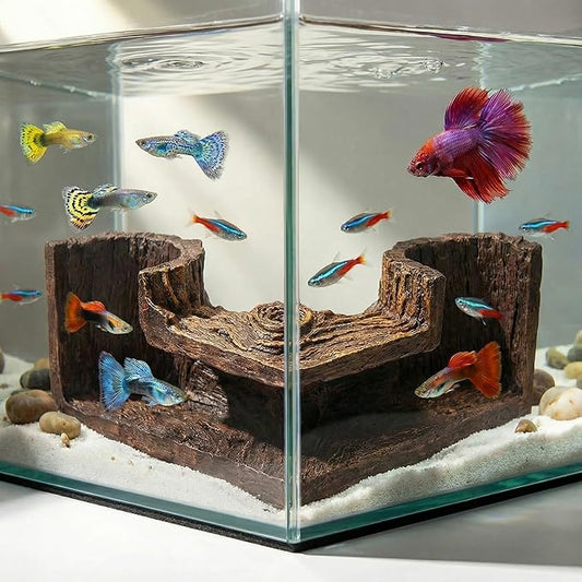Aquarium Cave - Natural Resin Wood-Like Fish Tank Decorations & Accessories, 5.1" x 2" x 2.7" Safe Betta Hide & Tunnel for Guppy, Neon Tetra, Corydoras Catfish - Stackable Corner Ornament