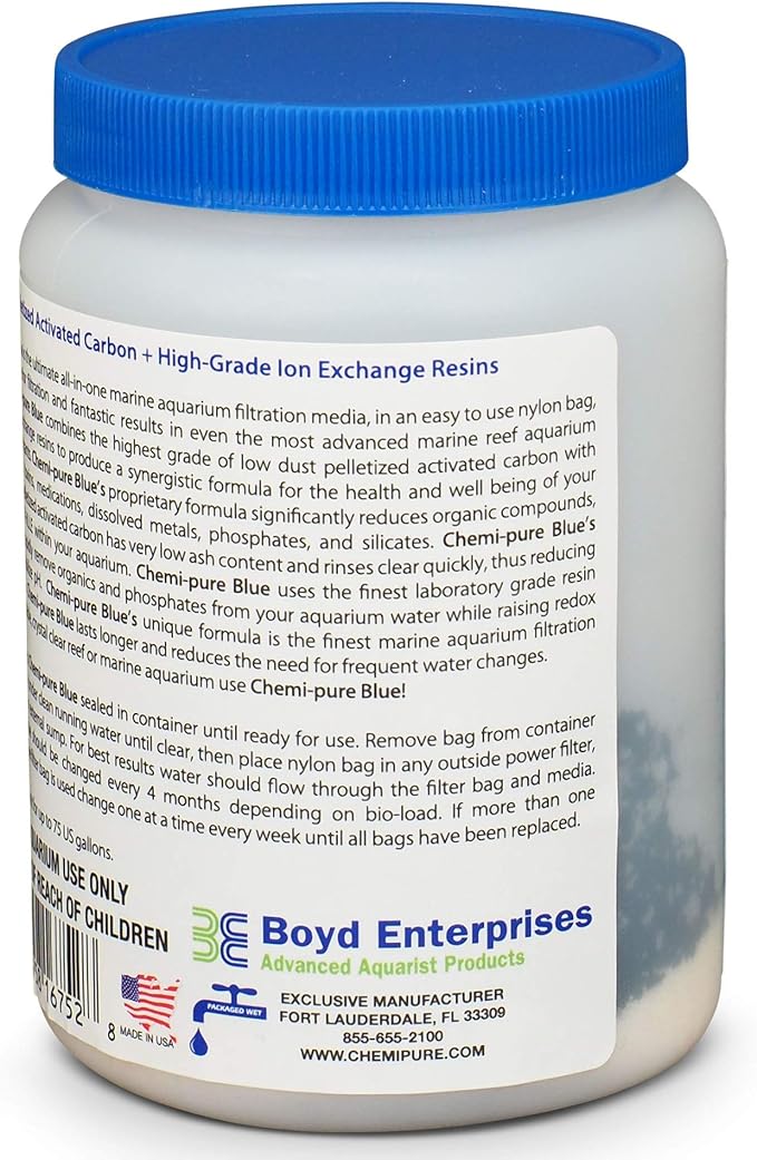 Boyd Chemi‑Pure Blue 11 oz Aquarium Filtration Media Premium Extruded Carbon + Ion‑Exchange Resins in Nylon Bag Clears Toxins, Phosphates & Metals