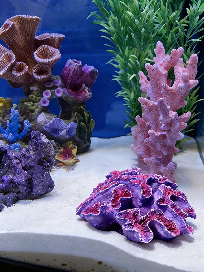 Aquarium Coral Decor, 5.9 Inch Lifelike Resin Coral Ornament for Fish Tank, Safe Decoration for Aquascaping, Purple