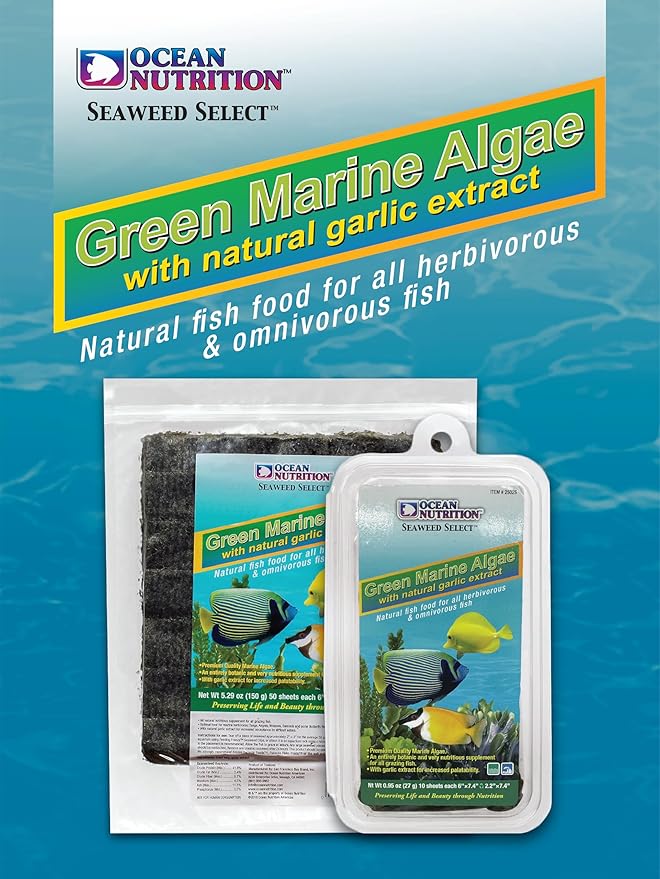 Ocean Nutrition Seaweed Select Green Marine Algae - Nutritious Fish Food for Herbivorous Marine Fish, Live Fish & Invertebrates - Natural Seaweed Sheets with Garlic Extract - 4 Sheets, 0.4 oz (12g)