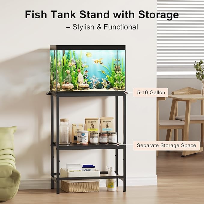 5-10 Gallon Fish Tank Stand, Aquarium Stand with 2-Tier Storage Shelves, Heavy-Duty Reptile Terrarium Stand Table with One-Piece Top for 10 Gallon Standard Model, 21.2" L x 11.8" W x 29.3" H (Black)