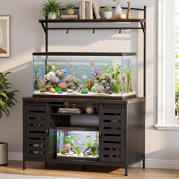 Petrova 100-120 Gallon Fish Tank Stand with Power Outlet, Metal Double Aquarium Stand with Storage Cabinet and Sliding Barn Door, Heavy Duty Reptile Tank Stand, 48" L* 24"W Tabletop, 1000LBS Capacity, Black