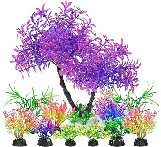 AQUANEAT Artificial Aquarium Plants, Fish Tank Purple Tree Decoration Set, Plastic Accessories, 11pcs