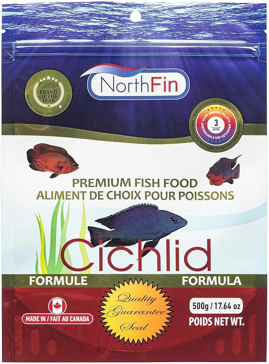 Northfin Cichlid Formula Fish Food – Slow Sinking Pellets for Cichlids (3mm, 500g) | Premium High-Protein, All-Natural Cichlid Diet to Enhance Color & Growth – No Fillers, No Hormones, Made in Canada