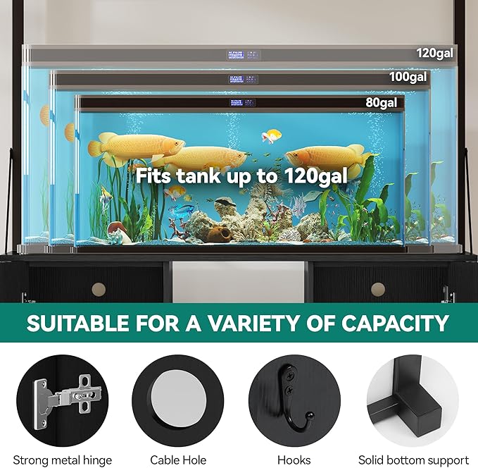 YITAHOME 120 Gallon Fish Tank Stand with Power Outlets, Heavy Duty Metal Large Aquarium Stand with Cabinet, Reptile Terrariums Table for Turtle Accessories Storage,1100LBS Capacity, Black