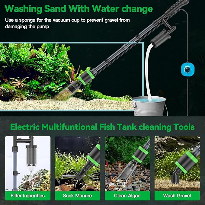 32W Electric Aquarium Vacuum Gravel Cleaner - Strong Suction, Automatic Water Change, Algae Remover, Sand Wash, Water Shower, Water Circulation & Timed Off (32W)