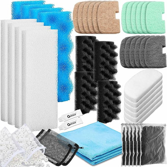 Threlaco 50 Pcs Filter Media Compatible with Fluval 206/207 Canister Filter, Maintenance & Replacement Kit, Bio-Based Sponge, Activated Carbon, Ceramic Rings, Microfiber Rags, Mesh Bags, Silicone Lube
