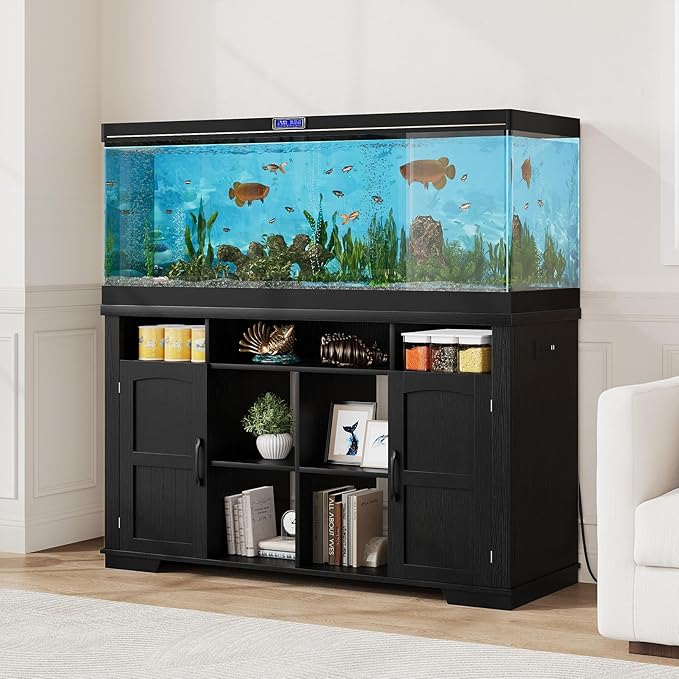 55-75 Gallon Fish Tank Stand with Power Outlet, Farmhouse 75 Gallon Aquarium Stand with Cabinet for Fish Tank Accessories Storage, Shelf, for Turtle Tank, Reptile Terrarium, 1000 LBS (Black-1)
