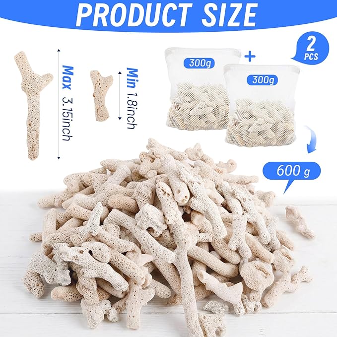1.32lb/600g Crushed Coral for Freshwater Aquarium, Natural Fish Tank Coral Stone with Mesh Bag, Aquarium Bio Filter Media Bag Reusable Aquarium Filter to Stabilize Water and Raise PH
