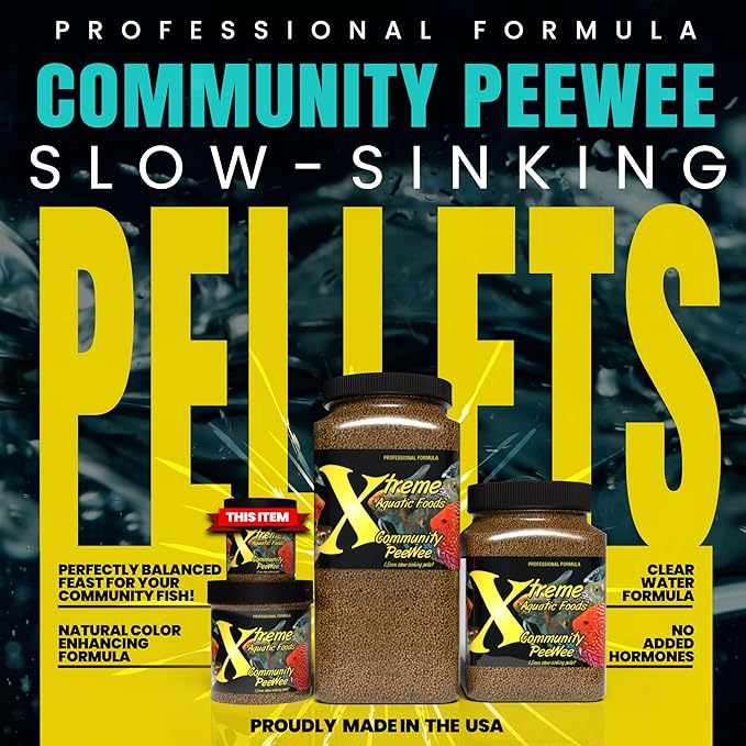 Xtreme Community Peewee 1.5mm Pellets: Slow Sinking & Ideal for Community Fish - Boosts Immune & Digestive Health, Enhances Color & Energy, Max Protein Fish Food – USA Farm Grown (5oz)
