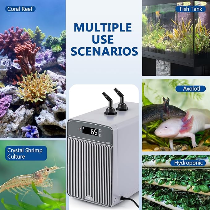 BAOSHISHAN 42gal Aquarium Chiller, 1/10 HP Axolotl Cooler, Special Quiet Design Refrigeration Compressor for hydroponics, Coral Reef, Fresh & Sea Tank (42gal/160L)
