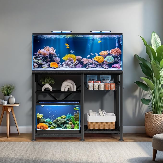 20-29 Gallon Aquarium Stand with 6 ft Power Strip, 5-Tier Metal Frame Fish Tank Stand 20 Gallon Fish Tank Stand 31.5" L*15.75" W Tabletop 400lbs Capacity (Pure Black, 20-29 Gallon)