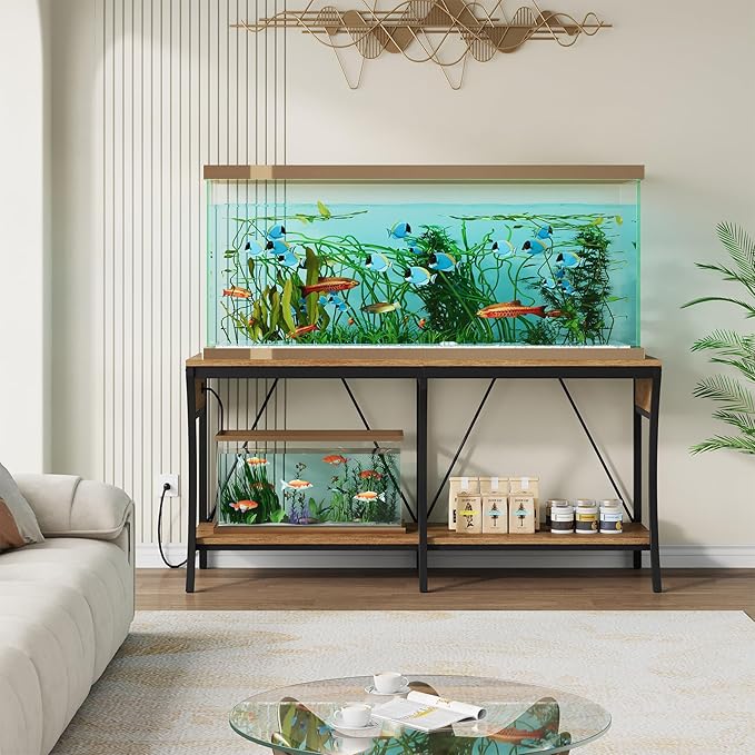 55-90 Gallon Fish Tank Stand with Power Outlets, 2-Tier Aquarium Stand with LED Light Strip & Open Storage Shelves, Heavy Duty Metal Table for Reptile Tank, 1100 LBS Capacity, Light Brown and Black