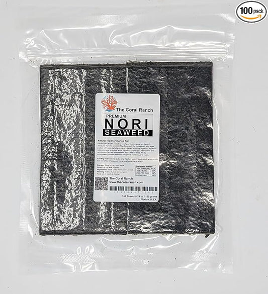 Premium Nori Seaweed - 100 Sheets 4"x8" - Food for Tangs, Angelfish, Rabbitfish & Blennies - No Additives, Reef Aquarium-Grade - Resealable Pack (150 Gram) / 5.29 oz