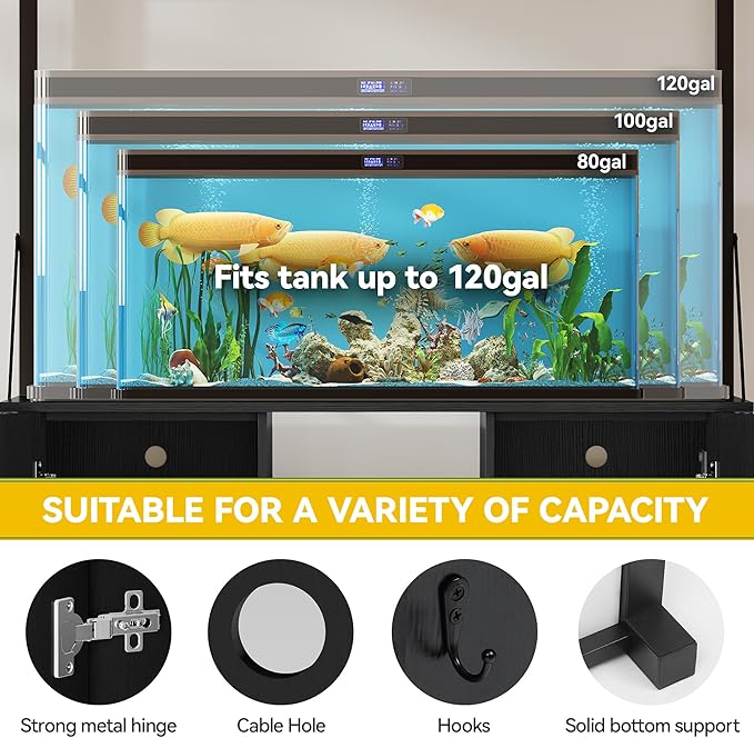 DWVO 40-120 Gallon Fish Tank Stand with Power Outlets, Heavy Duty Aquarium Stand with Storage, Metal Reptile Terrariums Table for Turtle Accessories Storage,1100LBS Capacity, Black