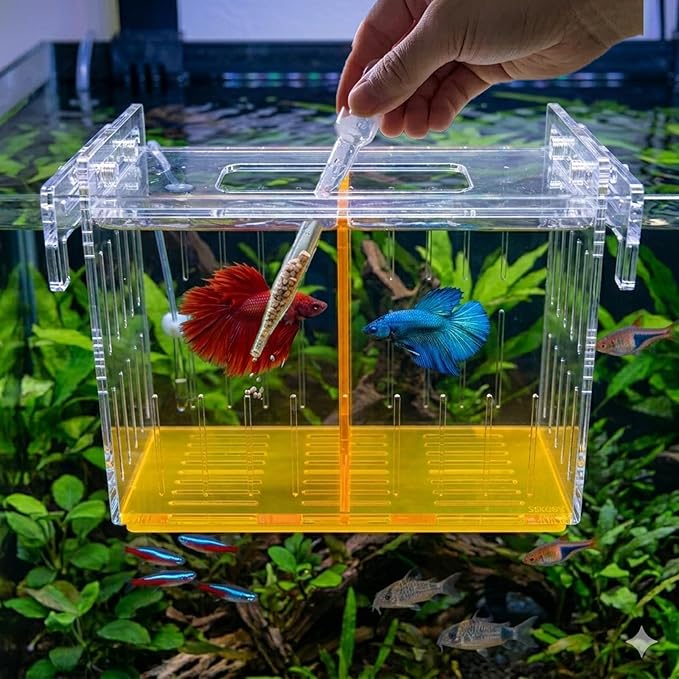 Large Acclimation Box for Saltwater Fish, Acrylic Hang on Back Breeder Box with Divider & Feeding Window, for Saltwater and Freshwater, 9.84 x 8.27 x 6.30 Inches