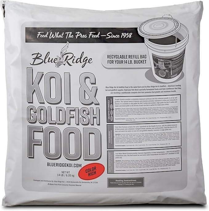 Blue Ridge Koi Fish Food 14lb Bucket Refill - Color Rich Formula Goldfish Food, Ponds Fish Food, Floating Pellets