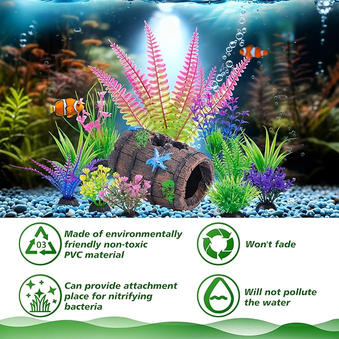 Ameliade Fish Tank Accessories Decorations Set with Broken Barrel Cave & 11 Artificial Aquatic Plants - Betta Goldfish Hiding Spots for Aquariums, Small Bowl Ornament Decor
