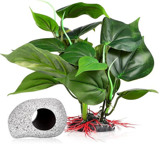 Cichlid Caves for Aquarium - Hideaway Rock Cave with Fish Tank Plants for Betta Shrimp Cichlid Hiding Breeding, Underwater Plastic Plant Aquatic Decor